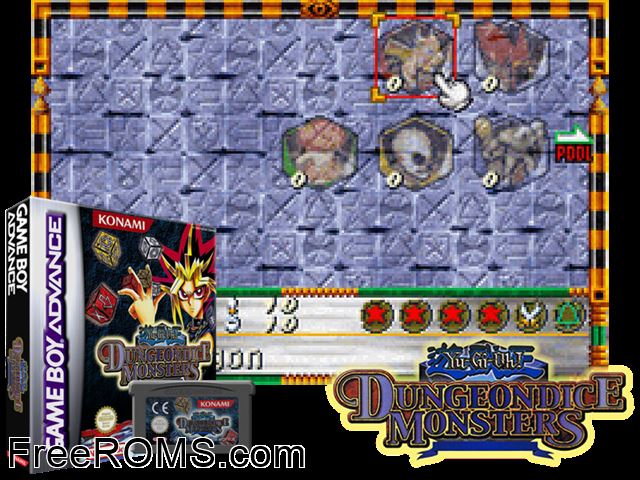 Yu-Gi-Oh! Dungeon Dice Monsters Gameboy Advance game showing 3D box cover and gameplay screenshot